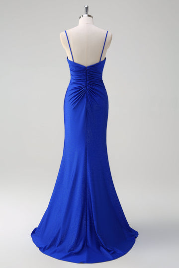 Glitter Royal Blue Mermaid Spaghetti Straps increspato lungo Abito da cerimonia con fessura